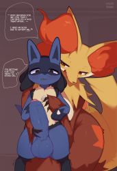 Rule 34 | 1boy, 1girl, @ @, absurdres, animal ear fluff, animal ears, animal hands, artist name, blue fur, blush, body fur, brown eyes, creatures (company), delphox, english text, erection, fang, foreskin, fox ears, fox tail, furry, furry female, furry male, furry with furry, game freak, gen 4 pokemon, gen 6 pokemon, half-closed eyes, highres, honey calamari, large penis, large testicles, looking at another, lucario, multicolored fur, nintendo, open mouth, penis, penis grab, penis growth, pokemon, pokemon (creature), red fur, size difference, snout, speech bubble, spikes, standing, tail, talking, testicles, trembling, uncensored, veins, veiny penis, wolf ears, yellow fur