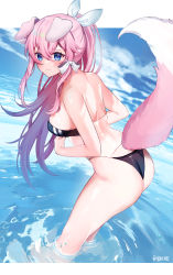 Rule 34 | 1girl, animal ears, ass, blue eyes, blush, breasts, closed mouth, cloud, day, dog ears, dog girl, dog tail, from side, gris swimsuit, hair between eyes, hair ribbon, highres, leaning forward, long hair, looking to the side, medium breasts, meme attire, ocean, one eye closed, outdoors, pink hair, ponytail, ribbon, see-through, solo, tail, very long hair, virtual youtuber, vyugen, wading, water, white ribbon, yuniiho, yuniiho (vtuber)