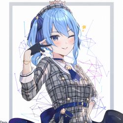 Rule 34 | 1girl, belt, belt buckle, beret, black gloves, blue belt, blue bow, blue choker, blue hair, blush, bow, breasts, buckle, choker, dress, envyvanity, gloves, grey background, grey dress, grey hat, hair bow, hair ornament, hand up, hat, hololive, hoshimachi suisei, hoshimachi suisei (1st costume), long hair, long sleeves, looking at viewer, nail polish, one eye closed, parted lips, partially fingerless gloves, plaid, plaid dress, plaid headwear, purple eyes, small breasts, solo, star (symbol), star hair ornament, striped, striped bow, tiara, twintails, two-tone background, upper body, virtual youtuber, white background