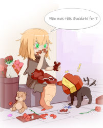 Rule 34 | !, 1girl, ^^^, blonde hair, bouquet, box, child, chocolate, chocolate on face, commentary, dog, eating, english commentary, flower, food, food on face, green eyes, heart-shaped box, holding, homeless, lamia, materclaws, monster girl, original, rags, red flower, red rose, rose, sitting, solo, stuffed animal, stuffed toy, tail, tail wagging, teddy bear, trash