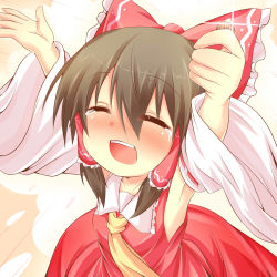 Rule 34 | 1girl, :d, ^ ^, armpits, arms up, ascot, bare shoulders, blush, brown hair, closed eyes, coin, detached sleeves, closed eyes, female focus, from above, hair tubes, hakurei reimu, highres, holding, japanese clothes, miko, open mouth, outstretched arms, smile, solo, tears, touhou, wakagi repa