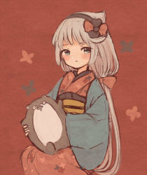 Rule 34 | 1girl, alternate costume, bokukawauso, commentary request, cowboy shot, floral print, green eyes, grey hair, japanese clothes, kantai collection, kimono, long hair, looking at viewer, low twintails, mikura (kancolle), otter, red background, sitting, twintails, wss (nicoseiga19993411)