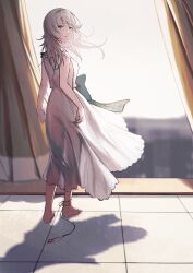 Rule 34 | 1girl, anklet, bare arms, bare shoulders, barefoot, blurry, blurry background, bow, chinese commentary, commentary, curtains, dress, from behind, full body, green bow, green eyes, heart, highres, ikooto111, jewelry, long dress, long hair, looking back, nier, nier (series), scene reference, see-through silhouette, sideless dress, solo, spoilers, tile floor, tiles, waist bow, white dress, white hair, window, yellow curtain, yonah