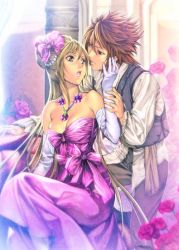 Rule 34 | 1boy, 1girl, bad id, bad pixiv id, blonde hair, bow, breasts, brown eyes, cleavage, couple, depth of field, dress, elbow gloves, evening gown, formal, gloves, hair bow, hair ornament, hetero, homare (fool&#039;s art), large breasts, lips, lipstick, long hair, makeup, soft focus, source request, strapless, strapless dress