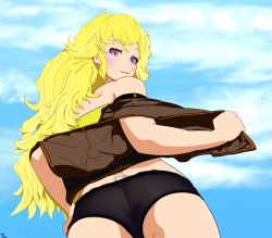 Rule 34 | 1girl, artist request, ass, back tattoo, black panties, blonde hair, blush, hand on own hip, highres, jacket, long hair, looking back, panties, purple eyes, rwby, smile, solo, tattoo, underwear, undressing, yang xiao long