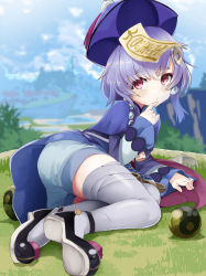 Rule 34 | 1girl, ass, bandaged leg, bandages, black footwear, blue dress, blurry, blurry background, closed mouth, commentary request, day, depth of field, dress, genshin impact, grey thighhighs, hair between eyes, hair ornament, hand up, hat, highres, long sleeves, noa (nagareboshi), ofuda, on grass, outdoors, purple hair, purple hat, qingdai guanmao, qiqi (genshin impact), red eyes, shoes, short shorts, shorts, shorts under dress, sleeves past wrists, solo, thick eyebrows, thighhighs, white shorts, wide sleeves, yin yang