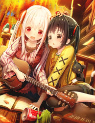 Rule 34 | 2girls, :d, aiuabo, albino, autumn, bird, black cat, black hair, black legwear, blush, breasts, brown eyes, cat, child, child on child, frog, guitar, hair ribbon, highres, instrument, long hair, looking at another, medium breasts, multiple girls, nail polish, open mouth, original, outdoors, pants, pink shirt, red eyes, red vest, ribbon, shirt, sidelocks, sitting, smile, squirrel, tree, twintails, vest, white hair, wide sleeves, yellow nails, yellow shirt, yuri