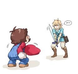 Rule 34 | 2boys, blonde hair, full body, hat, holding, holding sword, holding weapon, link, long hair, male focus, mario, mario (series), master sword, multiple boys, nintendo, no, pointy ears, ponytail, super mario odyssey, sword, the legend of zelda, the legend of zelda: breath of the wild, weapon