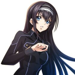 Rule 34 | 1girl, artist request, black hair, black hairband, black shirt, blue eyes, breasts, code geass, code geass: lost stories, female focus, hairband, hand up, lace-trimmed hairband, lace trim, long hair, long sleeves, looking at viewer, maya disel, non-web source, official art, order of the black knights uniform, parted lips, shirt, sidelocks, simple background, small breasts, solo, standing, teeth, transparent background, upper body, v-shaped eyebrows