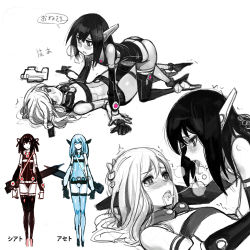 Rule 34 | 2girls, ^^^, all fours, android, bad id, bad pixiv id, black hair, black legwear, blush, character name, gloves, gun, heavy breathing, holding head, incest, joints, ladic, legs, leotard, long hair, looking at another, lying, mirror opposites, monochrome, multiple girls, multiple monochrome, on back, original, pinned, polar opposites, rifle, robot ears, robot joints, saliva, saliva trail, shoes, simple background, spot color, straddling, strap, submachine gun, tears, thighhighs, translation request, weapon, white background, white hair, white legwear, yuri