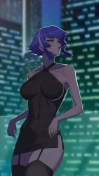 Rule 34 | 1girl, animated, black thighhighs, blinking, blue hair, breasts, building, cigarette, dc (makezzal), dress, garter straps, green eyes, impossible clothes, impossible dress, large breasts, last origin, lighter, looking away, looking to the side, multicolored hair, navel, night, outdoors, sand girl (last origin), short dress, short hair, side slit, sidelocks, skindentation, skyscraper, smoking, solo, streaked hair, thighhighs, tight clothes, tight dress, ugoira