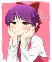 Rule 34 | 1girl, :i, :t, arm support, blush, closed mouth, commentary, dress, gegege no kitarou, green eyes, hands on own cheeks, hands on own face, ikazu401, long sleeves, looking at viewer, nekomusume, nekomusume (gegege no kitarou 6), pout, purple hair, red dress, shirt, sleeveless, sleeveless dress, solo, v-shaped eyebrows, white shirt