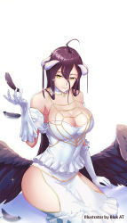 Rule 34 | 1girl, ahoge, albedo (overlord), artist name, bare shoulders, black feathers, black hair, black wings, blak at, breasts, cleavage, commentary, demon girl, demon horns, demon wings, dress, elbow gloves, english commentary, english text, feathered wings, feathers, gloves, hair between eyes, highres, horns, large breasts, long hair, looking at viewer, overlord (maruyama), revealing clothes, smile, solo, white dress, white gloves, wings, yellow eyes