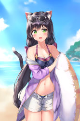 Rule 34 | 1girl, absurdres, animal ear fluff, animal ears, bare shoulders, beach, black hair, blush, breasts, cat ears, cat tail, commentary request, day, green eyes, highres, innertube, karyl (princess connect!), karyl (summer) (princess connect!), long hair, looking at viewer, low twintails, medium breasts, multicolored hair, navel, open fly, outdoors, princess connect!, qoray7, solo, streaked hair, swim ring, tail, twintails, very long hair, white hair