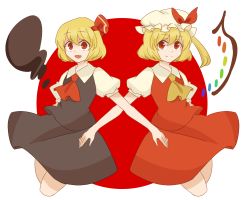 Rule 34 | 2girls, :d, bad id, bad pixiv id, blonde hair, darkness, detached wings, dress, facing viewer, fang, flandre scarlet, hair ribbon, hat, looking at viewer, mob cap, multiple girls, open mouth, red eyes, ribbon, rumia, side ponytail, smile, symmetry, tama (hiroshige 36), touhou, wings