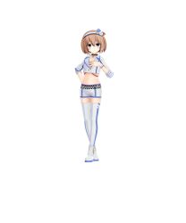 Rule 34 | 1girl, arm behind back, blanc (neptunia), blue choker, blue eyes, brown hair, choker, cropped jacket, crossed legs, expressionless, full body, hair between eyes, hairband, hand on own chest, highres, jacket, light frown, looking at viewer, medium hair, midriff, navel, neptune (series), official art, promotional art, short shorts, shorts, solo, standing, striped clothes, striped hairband, thighhighs, white jacket, white shorts