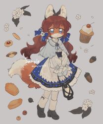 Rule 34 | 1girl, :&lt;, acorn, animal ear fluff, animal ears, apron, berry, black footwear, blue capelet, blue eyes, blue gloves, blue skirt, body fur, boots, bow, brooch, brown hair, capelet, checkerboard cookie, commission, cookie, cupcake, flower, food, fox ears, fox girl, fox tail, full body, furry, furry female, gloves, gomafuto, grey background, hair bow, highres, holding lamp, jewelry, knee boots, lace, lace-trimmed skirt, lace trim, leaf, long hair, long sleeves, looking at viewer, low twintails, no sclera, oil lamp, orange fur, original, puffy long sleeves, puffy sleeves, sample watermark, shirt, simple background, skirt, solo, standing, tail, twintails, twitter username, v arms, watermark, white apron, white flower, white shirt