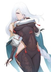 Rule 34 | 1girl, absurdres, blush, braid, breasts, commentary request, earrings, genshin impact, grey eyes, highres, jewelry, large breasts, long hair, looking at viewer, navel, paid reward available, shenhe (genshin impact), solo, thighs, ultra-13, underboob, white background, white hair