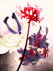 Rule 34 | 1girl, bad id, bad pixiv id, bow, dress, falling, floral print, flower, fukai maro, hair bow, higanbana (higanbana no saku yoru ni), higanbana no saku yoru ni, long hair, outstretched arms, purple hair, red eyes, solo, spider lily, spider lily print