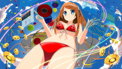 Rule 34 | 1girl, :o, aircraft, airship, bad id, bad pixiv id, bikini, blue eyes, breasts, brown hair, cd, cd case, cd player, cloud, dirigible, from below, front-tie top, graphic equalizer, headphones, highres, long hair, media player interface, medium breasts, neo-masterpeacer, original, outdoors, red bikini, side-tie bikini bottom, sky, smiley face, solo, swimsuit, underboob