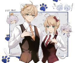 Rule 34 | 2boys, 2girls, ahoge, animal ears, arthur pendragon (fate), artoria pendragon (all), artoria pendragon (fate), blonde hair, blue necktie, border, bow, braid, braided bun, cat ears, cat tail, character print, chibi, closed eyes, dated, fake animal ears, fate/prototype, fate/stay night, fate (series), green eyes, grey hair, hair bow, hair bun, hair ribbon, hand up, hello kitty, hello kitty (character), highres, merlin (fate), merlin (fate/prototype), multiple boys, multiple girls, necktie, nigiri, orange bow, orange necktie, orange vest, outside border, paw print, pink eyes, ponytail, red bow, red necktie, red ribbon, red vest, ribbon, saber (fate), sanrio, short hair, sidelocks, single hair bun, smile, tail, upper body, vest