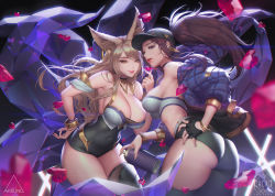 Rule 34 | 2girls, ahri (league of legends), akali, animal ears, artist name, ass, back, bare shoulders, baseball cap, belt, black gloves, blonde hair, bracelet, breasts, can, choker, chromatic aberration, cleavage, collarbone, covered navel, cowboy shot, earrings, eyeshadow, facial mark, fingerless gloves, fingernails, fox ears, fox tail, gem, glint, gloves, hair between eyes, hand on own hip, hat, heart, high ponytail, highres, holding, holding can, jacket, jewelry, k/da (league of legends), k/da ahri, k/da akali, large breasts, league of legends, lipstick, long fingernails, long hair, looking at viewer, love cacao, makeup, mask, midriff, multiple girls, navel, open clothes, parted lips, pink lips, ponytail, purple hair, red lips, sharp fingernails, sidelocks, smile, spray can, swept bangs, tail, thick thighs, thighhighs, thighs, whisker markings, yellow eyes