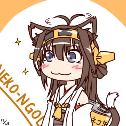 Rule 34 | 10s, 1girl, :3, ahoge, akimiyaz, animal ears, blue eyes, blush stickers, brown hair, can, cat ears, cat tail, chibi, dated, detached sleeves, double bun, hairband, headgear, homura (silver blaze), kantai collection, kemonomimi mode, kongou (kancolle), long hair, nontraditional miko, prehensile hair, smile, solo, sparkle, tail, translation request
