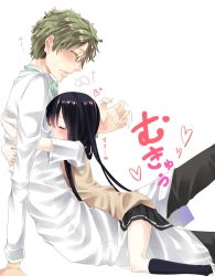 Rule 34 | 1boy, 1girl, age difference, ao no neko, arched back, arm support, black hair, blush, couple, closed eyes, glasses, green hair, heart, hug, kneehighs, lab coat, long hair, original, petite, school uniform, sitting, sitting on lap, sitting on person, socks, sweater vest, yellow eyes
