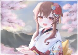 Rule 34 | 1girl, :d, a9 (repainter), absurdres, alternate hairstyle, animal ears, blush, brown eyes, brown hair, cherry blossoms, dog ears, double-parted bangs, fangs, floral print, flower, hair flower, hair ornament, highres, hololive, inugami korone, japanese clothes, kanzashi, kimono, long hair, looking at viewer, open mouth, outdoors, petals, print kimono, sidelocks, smile, solo, upper body, virtual youtuber, white kimono