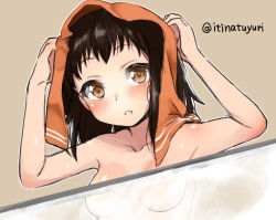 Rule 34 | 10s, 1girl, black hair, blush, breasts, brown hair, censored, collarbone, convenient censoring, female focus, kantai collection, looking at viewer, mokyutan, naka (kancolle), short hair, small breasts, solo, topless frame, towel, towel on head, twitter username, upper body