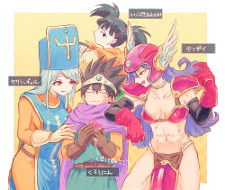Rule 34 | 1boy, 3girls, armor, bikini armor, black hair, blue hair, breasts, brown hair, cape, choker, circlet, closed mouth, commentary request, dragon quest, dragon quest iii, dragon quest v, elbow gloves, fighter (dq3), fingerless gloves, gloves, hat, heart, helmet, long hair, multiple girls, navel, open mouth, priest (dq3), purple hair, red armor, red eyes, roto (dq3), short hair, short twintails, smile, soldier (dq3), twintails, winged helmet, yuza