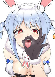 Rule 34 | 1girl, absurdres, animal ear fluff, animal ears, blue hair, braid, breasts, carrot hair ornament, don-chan (usada pekora), fellatio gesture, food-themed hair ornament, fur scarf, gloves, hair ornament, highres, hololive, long hair, looking at viewer, multicolored hair, open mouth, rabbit-shaped pupils, rabbit ears, rabbit girl, saliva, solo, symbol-shaped pupils, tamaki (tamakikan), tongue, tongue out, twin braids, usada pekora, usada pekora (1st costume), virtual youtuber, white hair