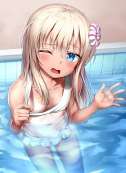 Rule 34 | 1girl, absurdres, alternate costume, bikini, bikini tug, blonde hair, blue eyes, blush, breasts, collarbone, day, flower, frilled bikini, frills, hair flower, hair ornament, hand up, head tilt, highres, kantai collection, long hair, looking at viewer, nedia (nedia region), one-piece tan, one eye closed, open mouth, outdoors, partially submerged, pool, ro-500 (kancolle), sidelocks, small breasts, smile, solo, swimsuit, tan, tanline, white bikini