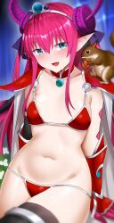 Rule 34 | 1girl, absurdres, animal, animal on shoulder, aqua eyes, arind yudha, armor, bikini, bikini armor, black tail, black thighhighs, blush, breasts, cape, collarbone, curled horns, daisy, elizabeth bathory (brave) (fate), elizabeth bathory (fate), elizabeth bathory (fate/extra ccc), fang, fate/grand order, fate (series), flower, forest, grass, groin, hair between eyes, hair ribbon, highres, horns, long hair, looking to the side, loose bikini, nature, navel, open mouth, pink hair, pointy ears, purple ribbon, red armor, red bikini, ribbon, shoulder armor, silver trim, skin fang, small breasts, smile, squirrel, stomach, sweat, swimsuit, tail, thighhighs, tiara, vambraces, white cape, white flower