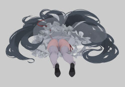 Rule 34 | 1girl, absurdly long hair, alternate costume, aris (blue archive), ass, black hair, blue archive, frilled skirt, frills, from below, grey background, highres, leviathan (hikinito0902), long hair, panties, red ribbon, ribbon, shoes, simple background, skirt, solo, thighhighs, thighs, underwear, very long hair, white panties, white skirt, white thighhighs