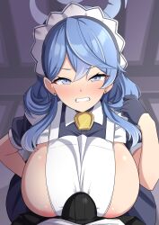 Rule 34 | 1boy, 1girl, ako (blue archive), areola slip, between breasts, blue archive, blue hair, blush, breasts, bulge, clenched teeth, embarrassed, erection, erection under clothes, from above, garukichi, grinding, highres, huge breasts, imminent paizuri, maid, maid headdress, pov, teeth