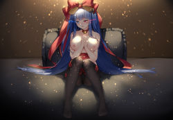 Rule 34 | 1girl, azur lane, bad id, bad pixiv id, bare shoulders, bell, black pantyhose, blue eyes, blue hair, blunt bangs, blush, bound, bow, breasts, choker, christmas, collarbone, embarrassed, floral bow, glowing, glowing eyes, hair bow, hair ribbon, half-closed eyes, heterochromia, highres, horns, ibuki (azur lane), knees together feet apart, knees up, large breasts, long hair, looking to the side, maya g, neck bell, nipples, open mouth, own hands together, panties, panties under pantyhose, pantyhose, pillow, red bow, red eyes, red ribbon, ribbon, ribbon bondage, ribbon choker, sidelocks, sitting, skindentation, solo, topless, underwear, very long hair
