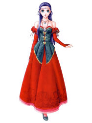 Rule 34 | 1girl, bare shoulders, blue eyes, blue hair, bow, circlet, detached sleeves, dress, flat chest, frills, full body, gathers, gensou suikoden, gensou suikoden ii, gensou suikogaiden, ishikawa fumi, jewelry, jillia blight, long hair, matching hair/eyes, necklace, official art, pendant, purple hair, shoes, simple background, smile, solo, standing