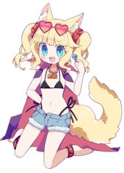 Rule 34 | 1girl, animal ears, artist request, bikini, blonde hair, blue eyes, cape, cat ears, cuemew, denim, denim shorts, heart glasses, indie virtual youtuber, jewelry, kneeling, necklace, shorts, sunglasses on head, swimsuit, tail, thong, twintails, virtual youtuber