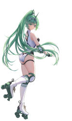 Rule 34 | 1girl, absurdres, ass, breasts, green eyes, green hair, highres, large breasts, long hair, okazakileo, pneuma (xenoblade), ponytail, roller skates, simple background, skates, solo, swept bangs, swimsuit, very long hair, white background, xenoblade chronicles (series), xenoblade chronicles 2