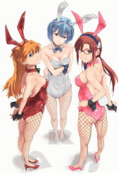 Rule 34 | 3girls, alternate costume, animal ears, aonori misuji, arms behind back, ass, ayanami rei, bare shoulders, blue hair, bow, bowtie, breasts, brown hair, cleavage, closed mouth, commentary request, covered navel, crossed arms, detached collar, fake animal ears, fake tail, female focus, fishnet pantyhose, fishnets, full body, hairband, hand on own hip, high heels, leotard, looking at viewer, looking back, makinami mari illustrious, medium breasts, multiple girls, neon genesis evangelion, orange hair, pantyhose, pink footwear, pink leotard, playboy bunny, rabbit ears, rabbit tail, rebuild of evangelion, red footwear, red leotard, short hair, sideboob, smile, souryuu asuka langley, standing, strapless, strapless leotard, tail, white footwear, white leotard, wrist cuffs