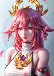 Rule 34 | 1girl, absurdres, animal ears, bare shoulders, blurry, blurry foreground, breasts, detached sleeves, earrings, fox ears, genshin impact, hair between eyes, hair ornament, highres, jerry loh, jewelry, long hair, looking at viewer, necklace, parted lips, pink hair, portrait, purple eyes, realistic, solo, yae miko