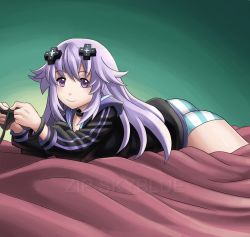 Rule 34 | 10s, 1girl, adult neptune, ass, blush, bracelet, controller, d-pad, game controller, gamepad, gradient background, hair ornament, highres, hood, hooded track jacket, jacket, jewelry, long hair, looking at viewer, lying, neptune (neptunia), neptune (series), no pants, on stomach, panties, playing games, purple eyes, purple hair, smile, solo, striped clothes, striped panties, track jacket, underwear, watermark, zipskyblue