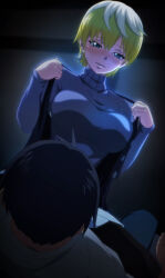 Rule 34 | 1boy, 1girl, absurdres, anime screenshot, black hair, black shirt, blonde hair, blush, breasts, earrings, highres, izumo tenka, jewelry, large breasts, long sleeves, mato seihei no slave, multicolored hair, open clothes, open shirt, purple eyes, purple sweater, screencap, shirt, short hair, sleeveless, stitched, sweater, sweater under shirt, third-party edit, turtleneck, turtleneck sweater, unbuttoned, unbuttoned shirt, wakura yuuki, white hair, white shirt