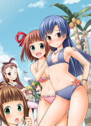 6+girls amami_haruka bikini ganaha_hibiki highres hoshii_miki idolmaster idolmaster_(classic) innertube kisaragi_chihaya midriff minase_iori miura_azusa multiple_girls otonashi_kotori palm_tree shijou_takane suikawari swim_ring swimsuit takasaka_donten takatsuki_yayoi tree