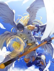 Rule 34 | 1boy, abs, angel, angel wings, angemon, blindfold, blonde hair, blue sky, cane, clenched hand, cloud, collarbone, covering face, covering own eyes, digimon, digimon (creature), feathered wings, gloves, highres, holding, holding stick, holding weapon, long hair, male focus, midair, midriff, multiple wings, muscular, rb2, shoes, sky, solo, stick, wand, weapon, white wings, wings