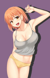 Rule 34 | 1girl, airi (satosi), armpits, blush, breasts, commentary request, earrings, grey tank top, hand up, highres, jewelry, large breasts, midriff, navel, open mouth, orange hair, original, panties, purple background, satosi, short hair, smile, solo, tank top, underwear, yellow eyes, yellow panties