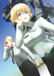Rule 34 | 1boy, 1girl, alfred walken, belt, black belt, blue eyes, breasts, clenched hand, collared shirt, commentary, cover, cover page, english commentary, f-22a raptor (muv-luv), green pants, green skirt, hand in own hair, irma thesleff, makishima azusa, manga cover, mecha, medium breasts, military, military uniform, muv-luv, muv-luv alternative, official art, open mouth, pants, robot, shirt, shirt tucked in, skirt, smile, sunglasses, tactical surface fighter, textless version, uniform, white shirt