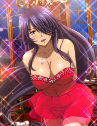 Rule 34 | 1girl, :d, antenna hair, breasts, cleavage, collarbone, cowboy shot, dress, floating hair, grey eyes, hair over one eye, ikkitousen, indoors, jewelry, kan&#039;u unchou, large breasts, layered dress, long hair, looking at viewer, low-tied long hair, necklace, open mouth, purple hair, red dress, shiny skin, short dress, smile, solo, sparkle, standing, strapless, strapless dress, very long hair