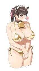 Rule 34 | 1girl, animal ears, bell, bikini, breasts, brown hair, collar, cow ears, cow horns, cowbell, fake animal ears, gold bikini, highres, horns, huge breasts, long hair, micro bikini, mole, mole on breast, navel, neck bell, original, pink eyes, plump, riki (riki unc), simple background, swimsuit, twintails, white background